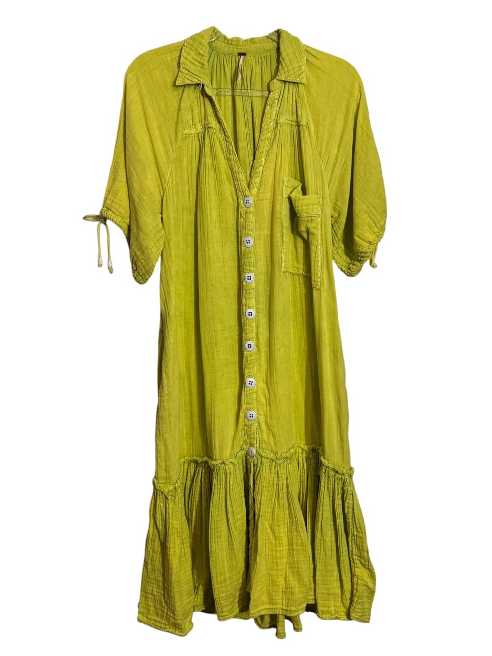 Free People Large Green Maya Midi Dress Lagenlook Boho Gauze Cotton Drop Waist